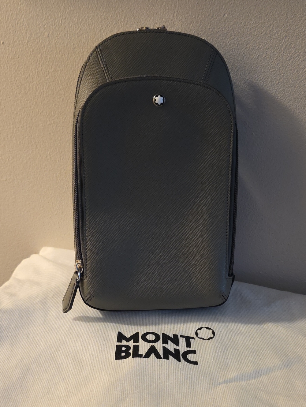 Montblanc Black Leather Sling Backpack with Silver Emblem